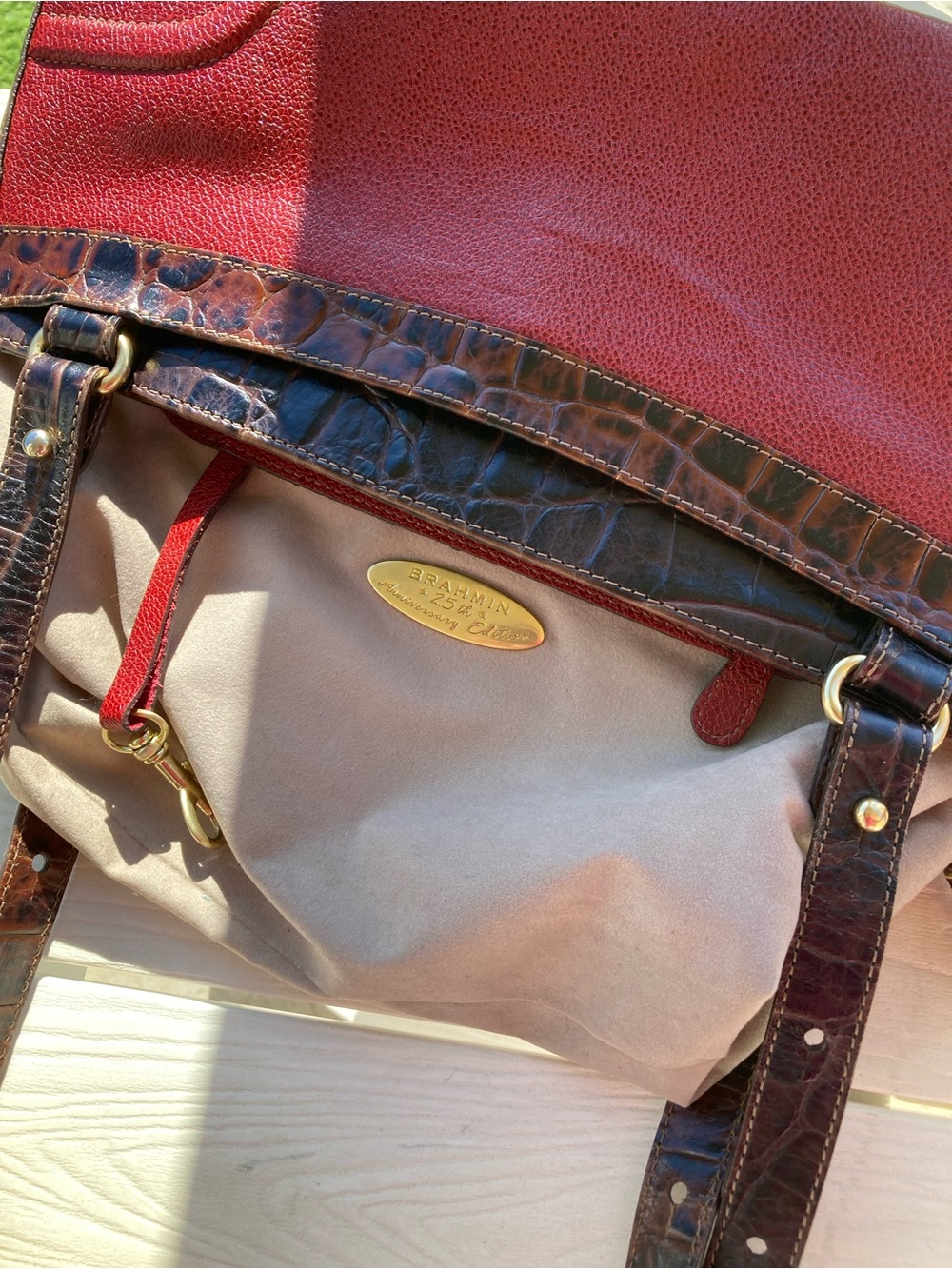 Brahmin Red Shoulder Bag w/Brown Leather Croc-Embossed Trim - Picture 9 of 13